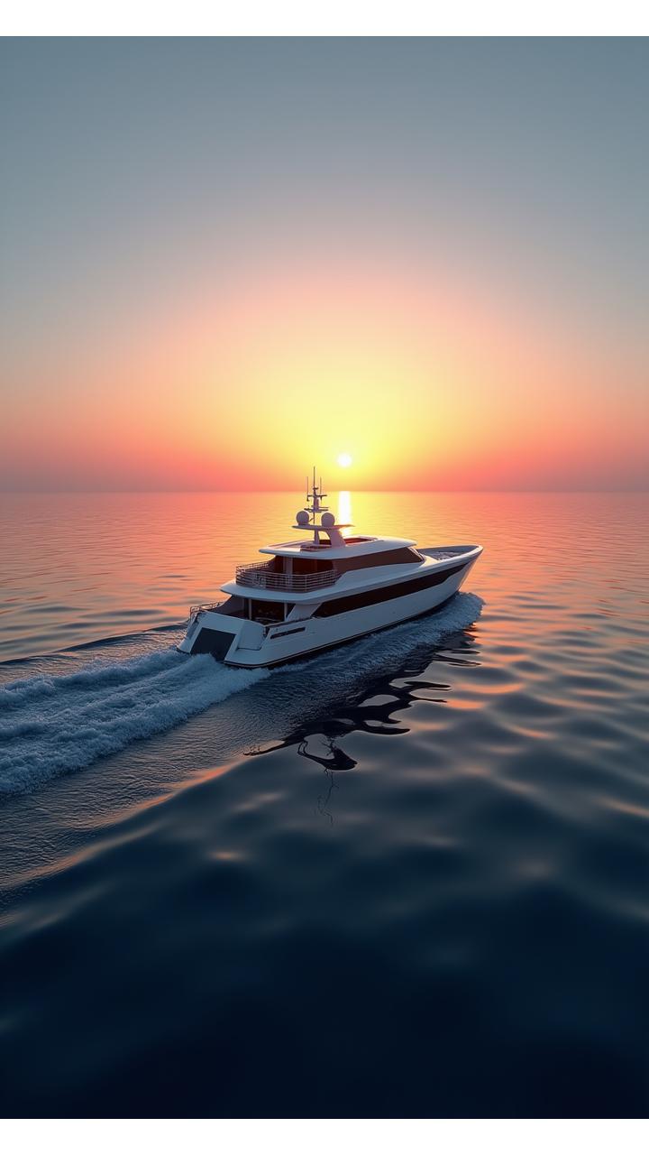 雄大な夕日と海を背景に航海する調査船（モバイル用）