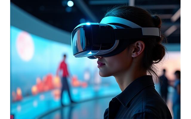 VRヘッドセットを装着した人が、バーチャル空間で伝統漁法を体験している様子