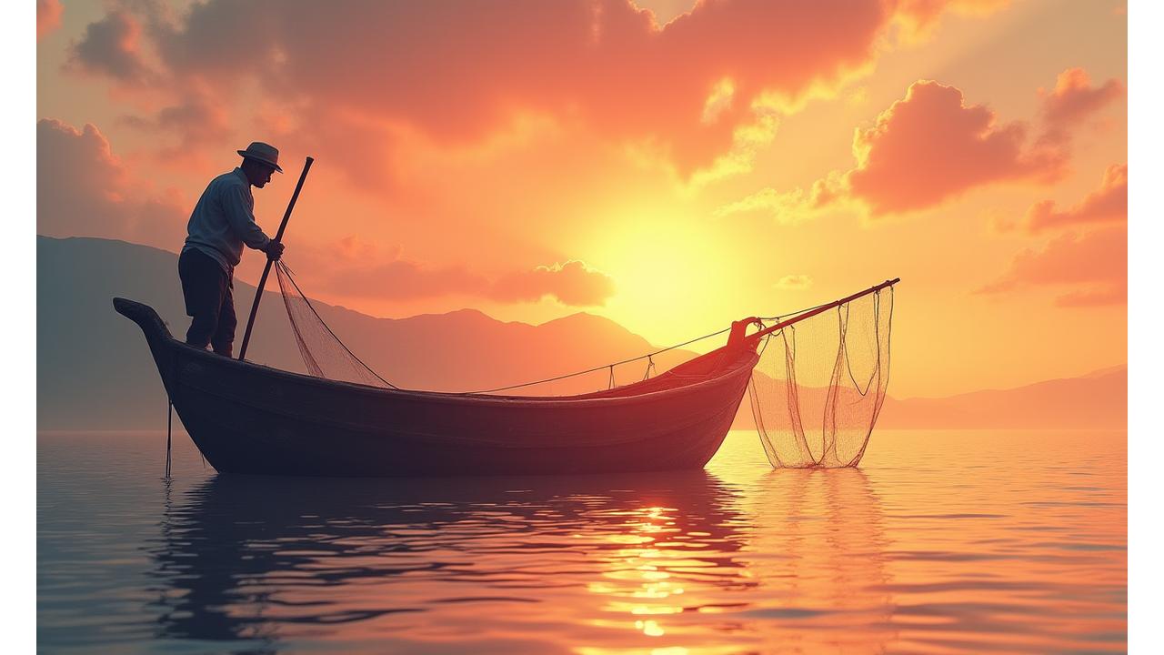 夕焼けの中、静かに漁をする日本の伝統的な漁船と漁師の姿
