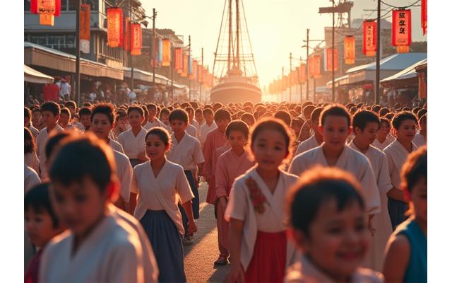 伝統的な漁師町のお祭りで賑わう人々と笑顔の地元住民