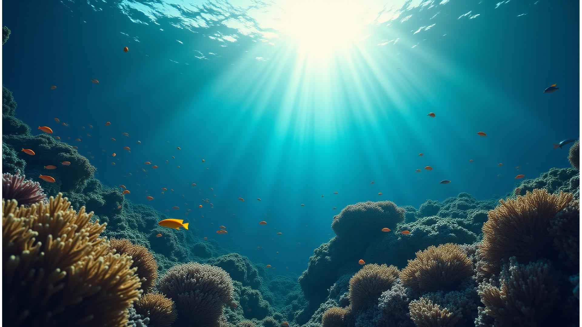深遠な青色の海中で泳ぐカラフルな魚群と多様な海洋生物。光が差し込み、希望と生命の豊かさを象徴。