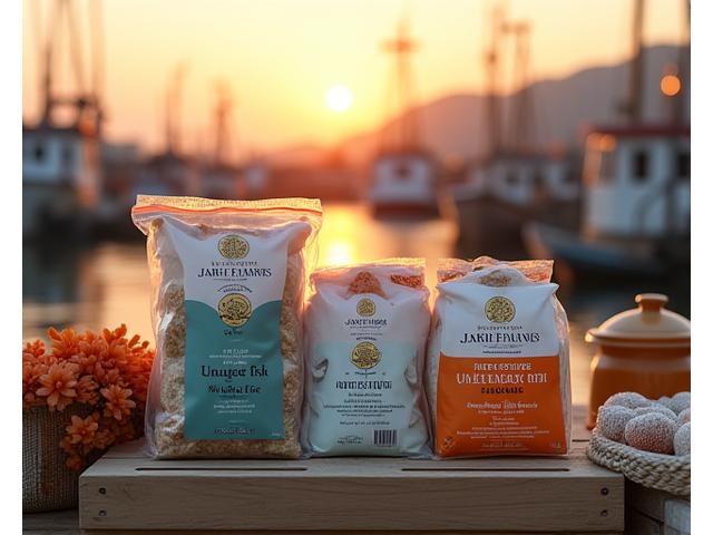 日本の漁港の活気ある風景を背景に、地域ブランドのロゴが入ったパッケージ化された未利用魚の商品が並べられている。手書きのPOPや地元の工芸品が添えられ、地域の物語性を強調している。