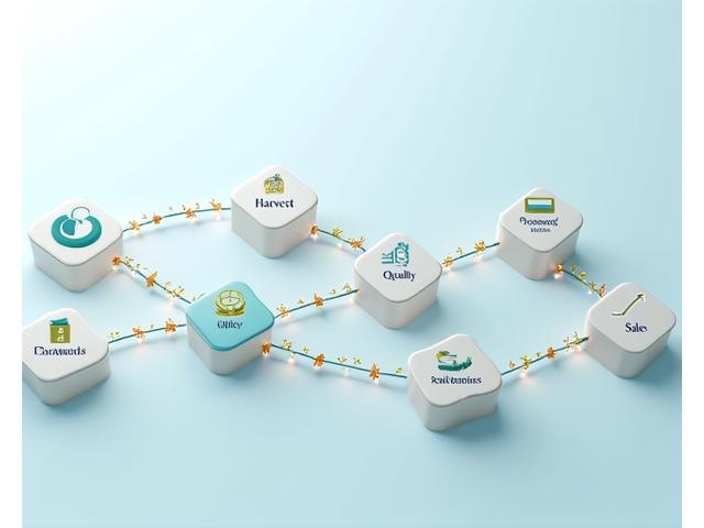 漁獲、加工、流通、販売の各段階がフローチャートでつながり、データ分析や品質管理のアイコンが配置されたバリューチェーンの схемати図。持続可能な漁業のロゴも見える。