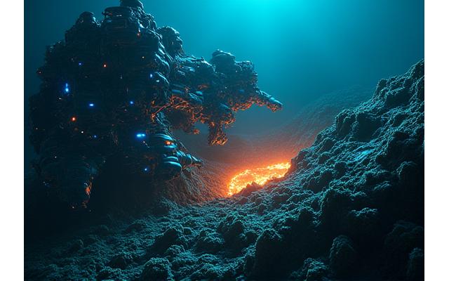 深海探査機が熱水噴出孔周辺で特殊なマニピュレーターを用いて極限環境生物のサンプルを採取している様子